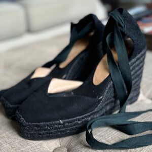 Castañer v cut black linen wedges - size EU 39 - worn 1x🐈‍⬛